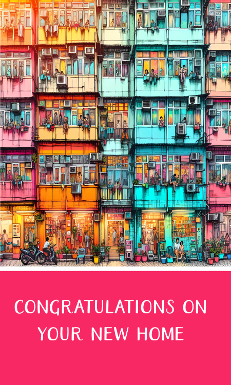 Cheerful New Home Card by Biscuitmoon Designs - Colorful stacked building with various characters visible on balconies, accompanied by a large pink text box proclaiming "CONGRATULATIONS ON YOUR NEW HOME"