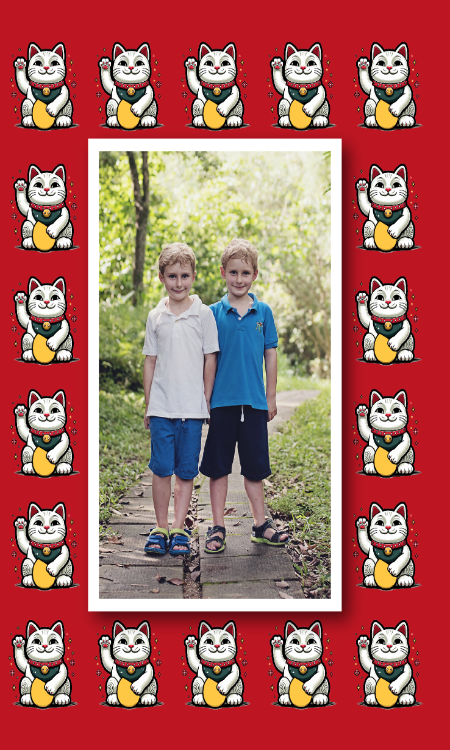 Cheerful Card by Biscuitmoon Designs - Featuring a pattern of smiling lucky cats on a red background, with a blank center area for personal touch or creative additions