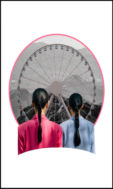 Nostalgic Card by Katie Lee Studios - Features two women from behind, one in pink and the other in blue, with a large Ferris wheel in the background, evoking a sense of contemplation