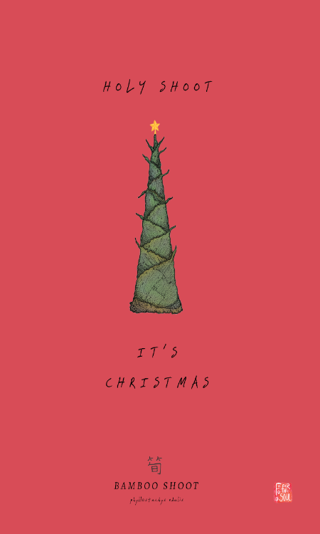 Minimalist Christmas Card by Food For The Soul - Depiction of a bamboo shoot tree topped with a star, accompanied by the phrase "HOLY SHOOT IT'S CHRISTMAS," all on a bold red backdrop