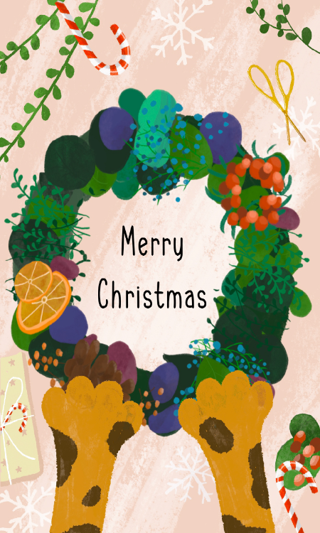 Cheerful Card by Esther Illustration - A playful wreath illustration with an array of seasonal elements, showcasing giraffe paws at the base and "Merry Christmas" 