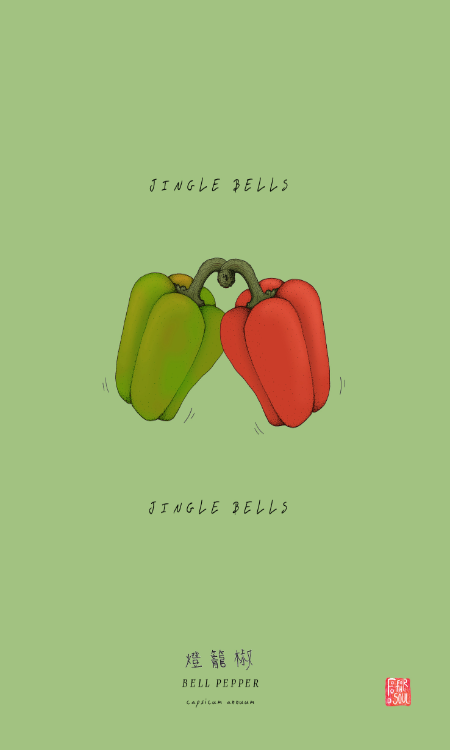 Minimalist Christmas Card by Food For The Soul - illustration featuring two bell peppers on a light green background, with the text "Jingle Bells"